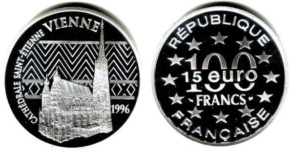 Mince 100 franků - 15 Euro 1996 Frankreich Stephansdom ve Wien Proof