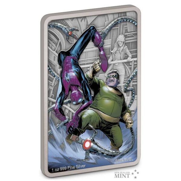 New Zealand Mint MARVEL SPIDER MAN VS DOCTOR OCTOPUS 2024 2 $ 1 OZ STŘÍBRNÁ STAROŽITNÁ BAREVNÁ MINCE