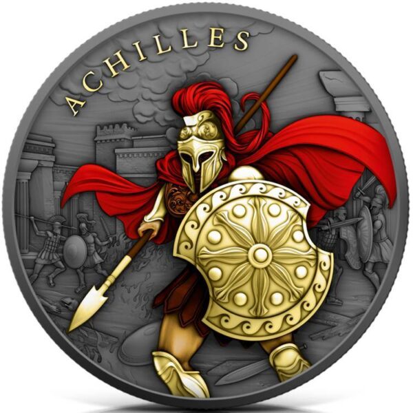 Perth Mint ACHILLES VICTORIOUS LEGENDARY WARRIORS 2023 5 $ 1 OZ ČISTÁ 2K POZLACENÁ MINCE